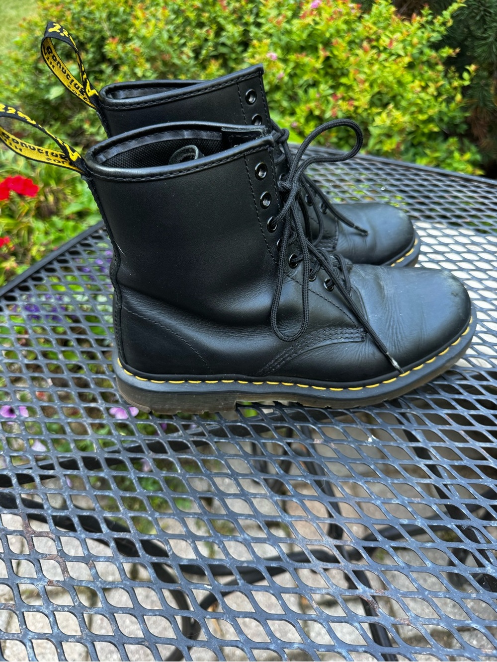 Dr. Martens 1460 Smooth Leather Black Lace-Up Boots with Yellow Stitching Size 9